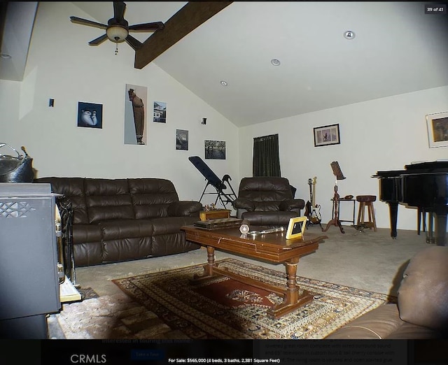 7003 Pioneer Dr, Grizzly Flats, CA 95636 - living room featuring ceiling fan, carpet floors, beam ceiling, and high vaulted ceiling