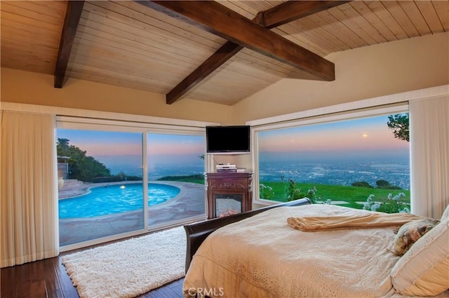 bedroom with lofted ceiling with beams, wooden ceiling, dark hardwood / wood-style floors, and access to exterior