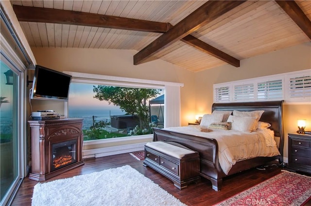 bedroom featuring vaulted ceiling with beams, wood ceiling, and dark hardwood / wood-style flooring