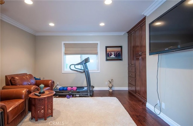 workout room featuring ornamental molding and dark hardwood / wood-style flooring