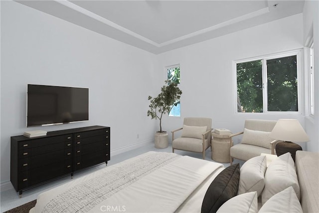 bedroom with light colored carpet