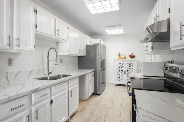 kitchen featuring light stone counters, sink, white cabinets, and stainless steel appliances