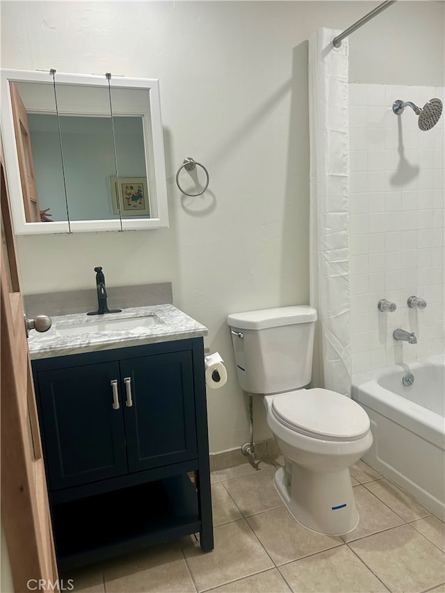 full bathroom with shower / tub combo, tile patterned flooring, vanity, and toilet