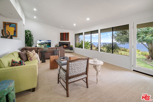 carpeted living room with lofted ceiling and plenty of natural light