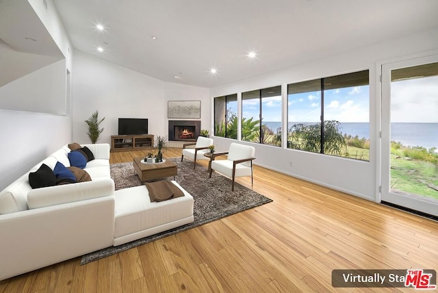 living room featuring light wood-type flooring and vaulted ceiling