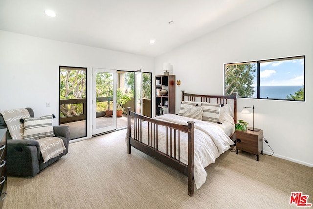 bedroom featuring access to outside, multiple windows, and light colored carpet