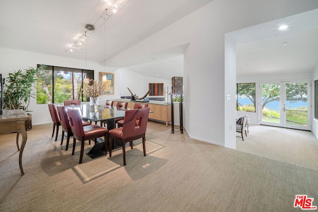 dining area with light carpet, a healthy amount of sunlight, and vaulted ceiling