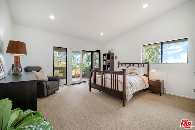 bedroom featuring light carpet, access to outside, and lofted ceiling