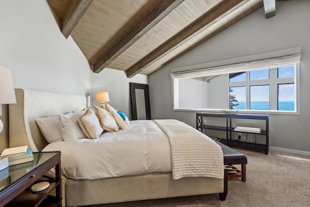 carpeted bedroom with a water view, vaulted ceiling with beams, and wooden ceiling