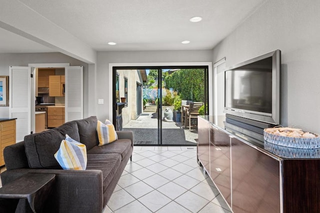 living room with light tile patterned flooring