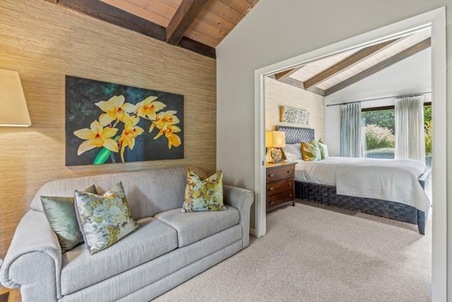 bedroom featuring wood ceiling, carpet floors, and lofted ceiling with beams