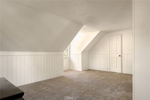 bonus room with wooden walls, a textured ceiling, lofted ceiling, and carpet flooring