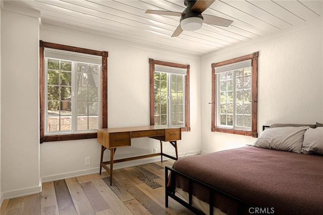 bedroom with wooden ceiling, light hardwood / wood-style floors, and ceiling fan