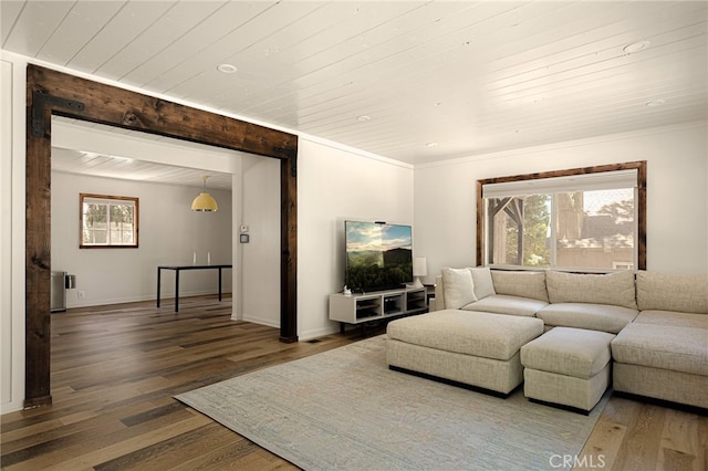 living room featuring wood ceiling and hardwood / wood-style flooring