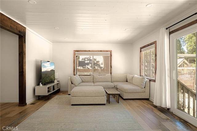 living room with hardwood / wood-style floors and wooden ceiling