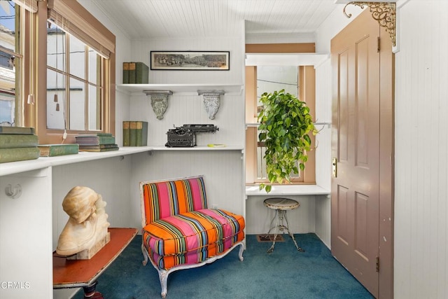 sitting room featuring dark carpet