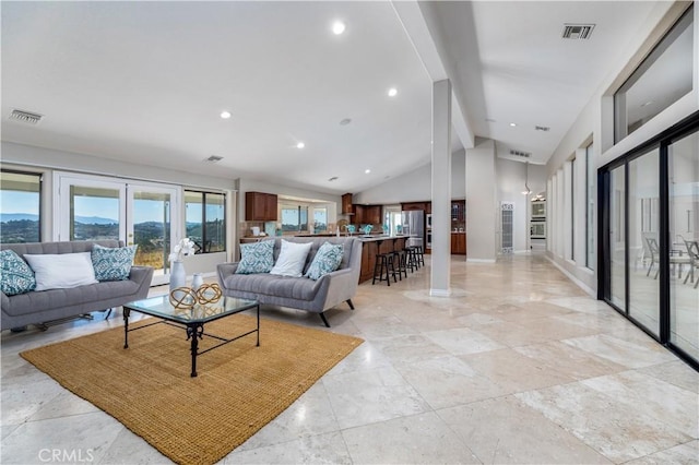 living room with lofted ceiling