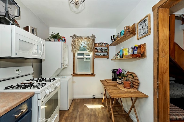 kitchen with white appliances, white cabinetry, dark hardwood / wood-style floors, and blue cabinetry