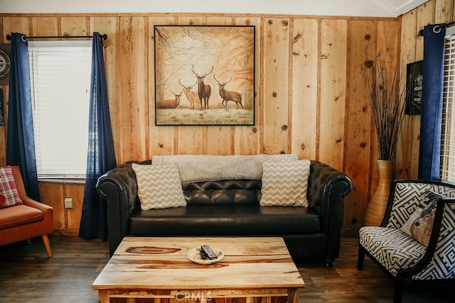 living room with wood walls and dark wood-type flooring