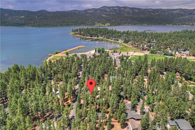 bird's eye view featuring a water and mountain view