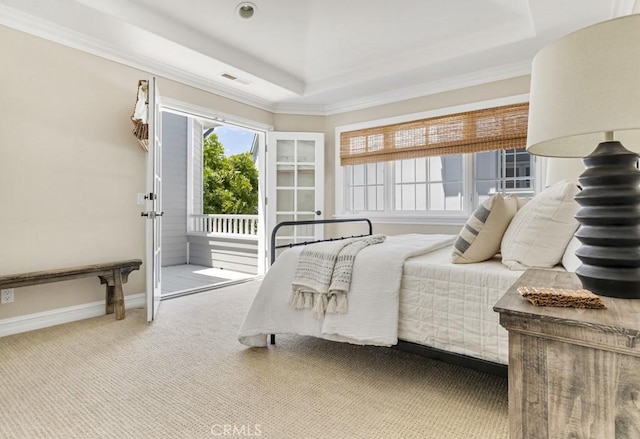 bedroom with carpet flooring, access to exterior, a tray ceiling, and crown molding