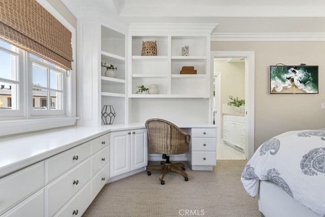 carpeted bedroom featuring ensuite bath and ornamental molding