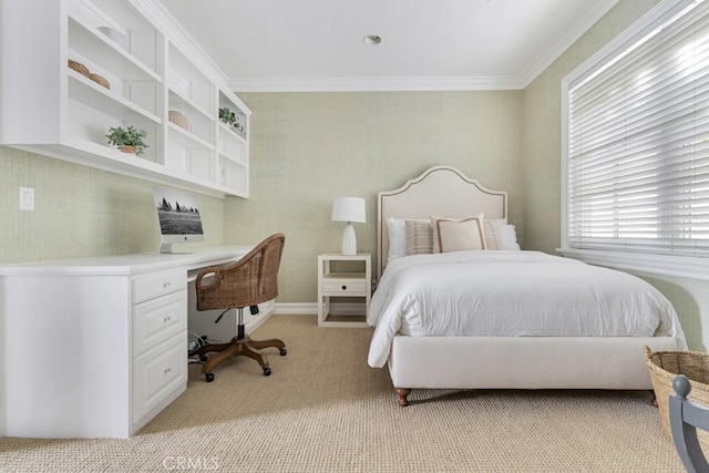 carpeted bedroom with ornamental molding