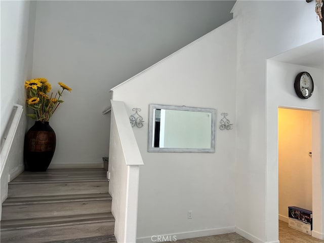 stairway featuring wood-type flooring