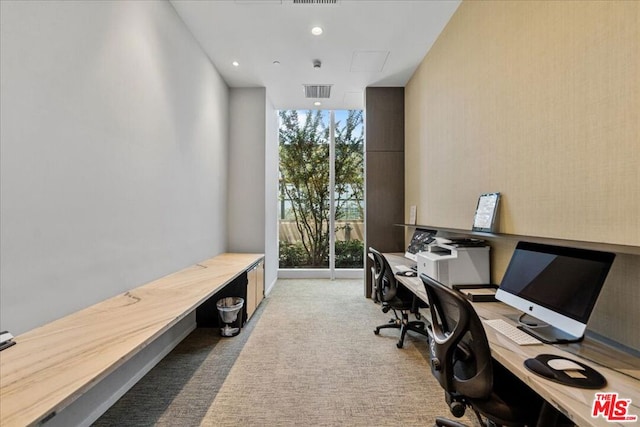 carpeted home office with floor to ceiling windows