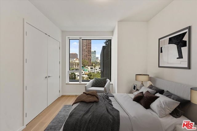 bedroom with light hardwood / wood-style flooring and a closet