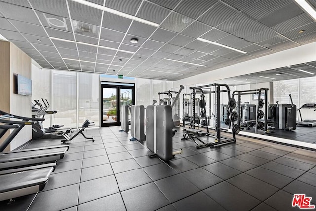 workout area featuring a wall of windows and a paneled ceiling