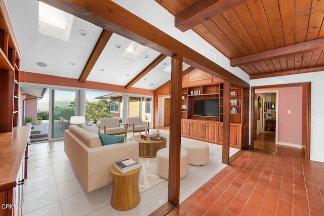 tiled living room with lofted ceiling with skylight and wooden ceiling