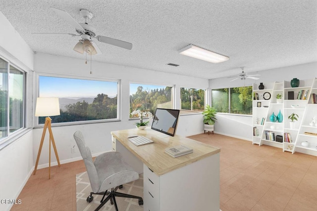 office space with a wealth of natural light, ceiling fan, and a textured ceiling