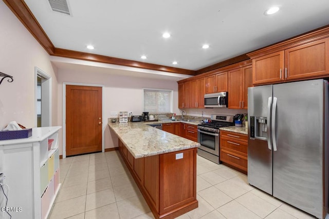 kitchen with crown molding, light tile patterned flooring, light stone counters, kitchen peninsula, and stainless steel appliances