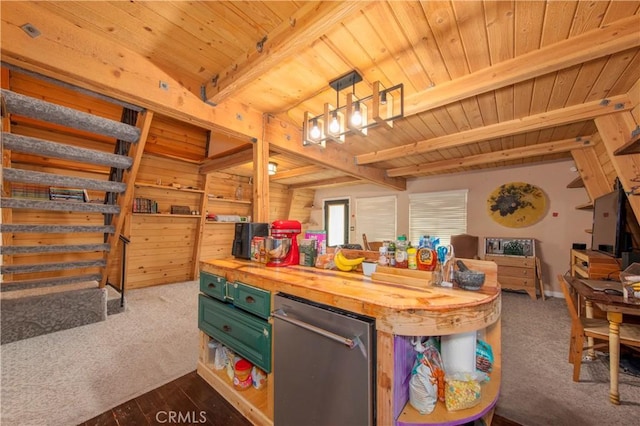 34718 Agua Dulce Canyon Rd, Agua Dulce, CA 91390 - kitchen with wooden counters, wood ceiling with exposed beams, dark carpet, refrigerator, and wooden walls