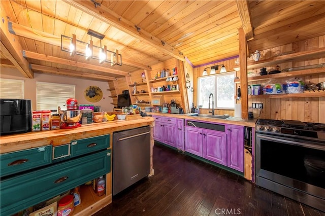 34718 Agua Dulce Canyon Rd, Agua Dulce, CA 91390 - kitchen with stainless steel appliances, a sink, butcher block counters, wooden ceiling with exposed beams, and dark wood-style flooring