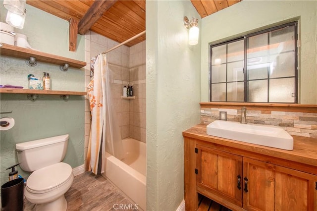 34718 Agua Dulce Canyon Rd, Agua Dulce, CA 91390 - bathroom with wood ceiling with exposed beams, wood finished floors, toilet, shower / tub combo with curtain, and vanity