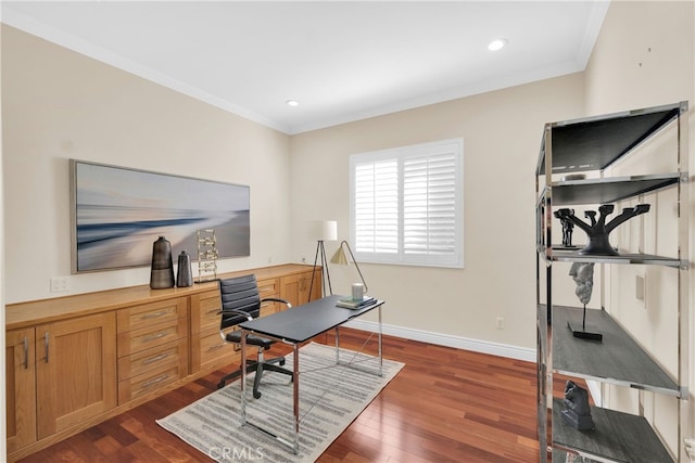 office with crown molding and dark hardwood / wood-style floors