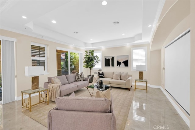 living room with a tray ceiling and crown molding