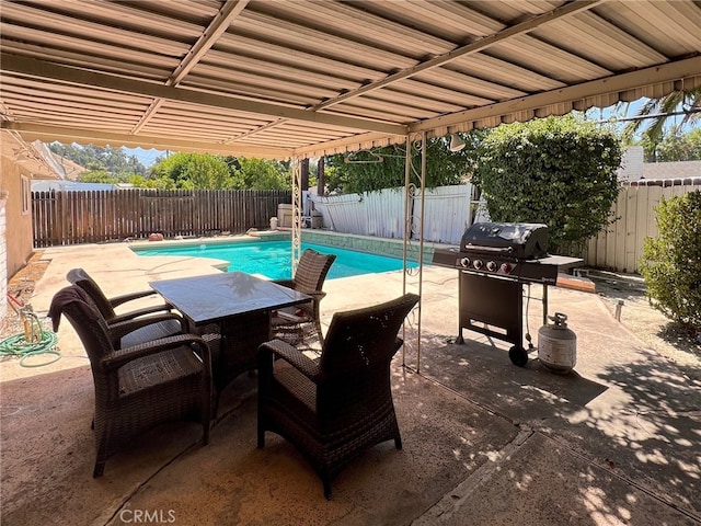 view of patio / terrace featuring a fenced in pool and area for grilling