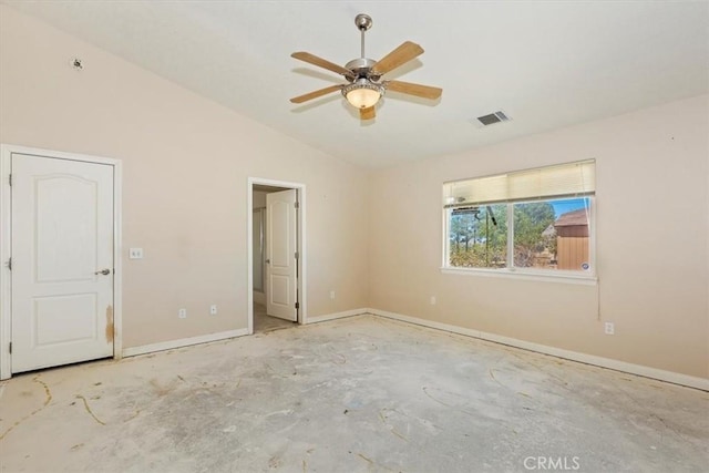 unfurnished bedroom with ceiling fan and lofted ceiling