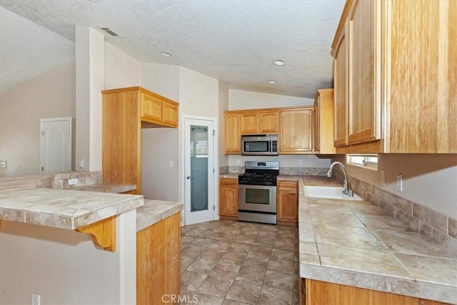 kitchen featuring kitchen peninsula, sink, stainless steel appliances, and lofted ceiling