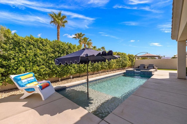 view of pool featuring a patio area and an in ground hot tub