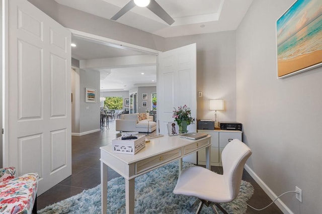 tiled office with ceiling fan