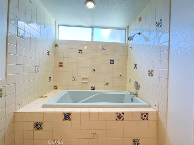 bathroom with a textured ceiling and plus walk in shower