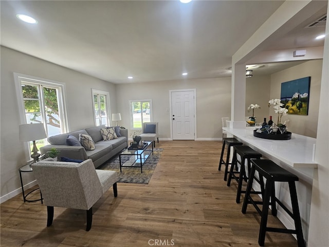 living room featuring a healthy amount of sunlight and hardwood / wood-style floors