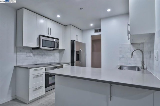 kitchen featuring sink, kitchen peninsula, tasteful backsplash, white cabinetry, and stainless steel appliances