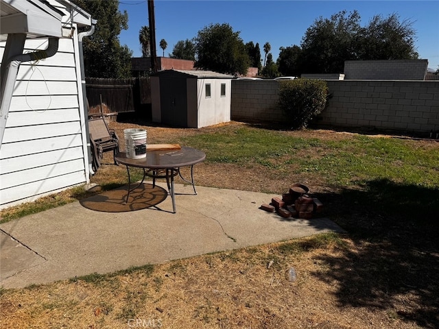 view of yard featuring a storage shed and a patio