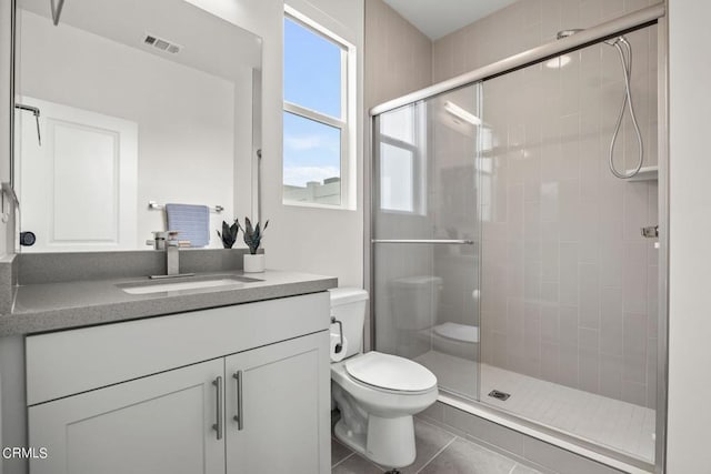 bathroom featuring toilet, vanity, a shower stall, tile patterned flooring, and visible vents