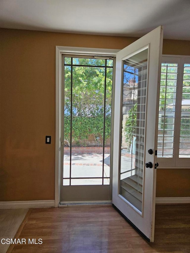 doorway with french doors, hardwood / wood-style floors, and a healthy amount of sunlight